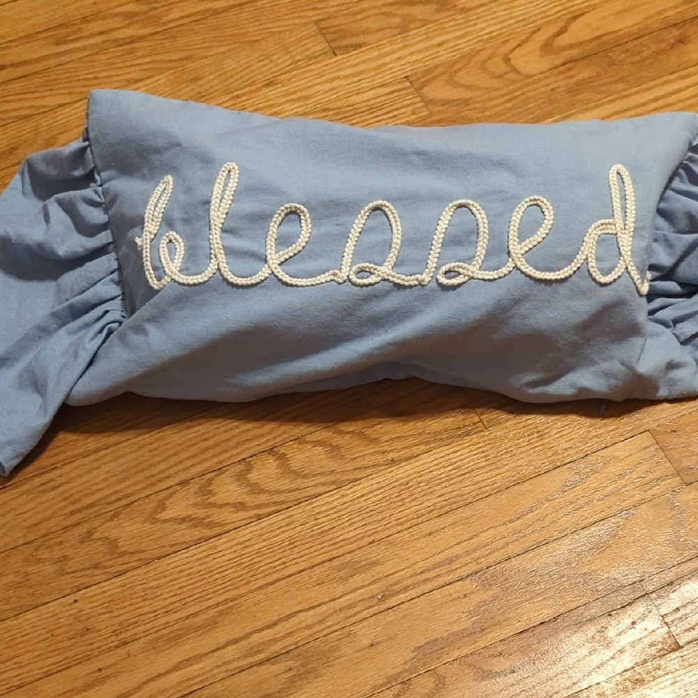 Blue Pillow with 'Blessed' Embroidery